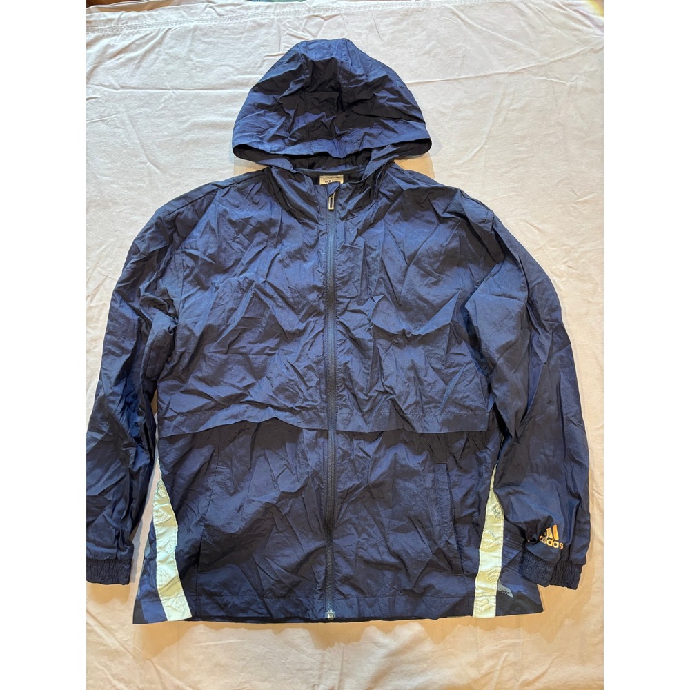 Adidas Mens Navy Blue Full Zip Hooded Windbreaker Jacket Camo Back Panel Large
